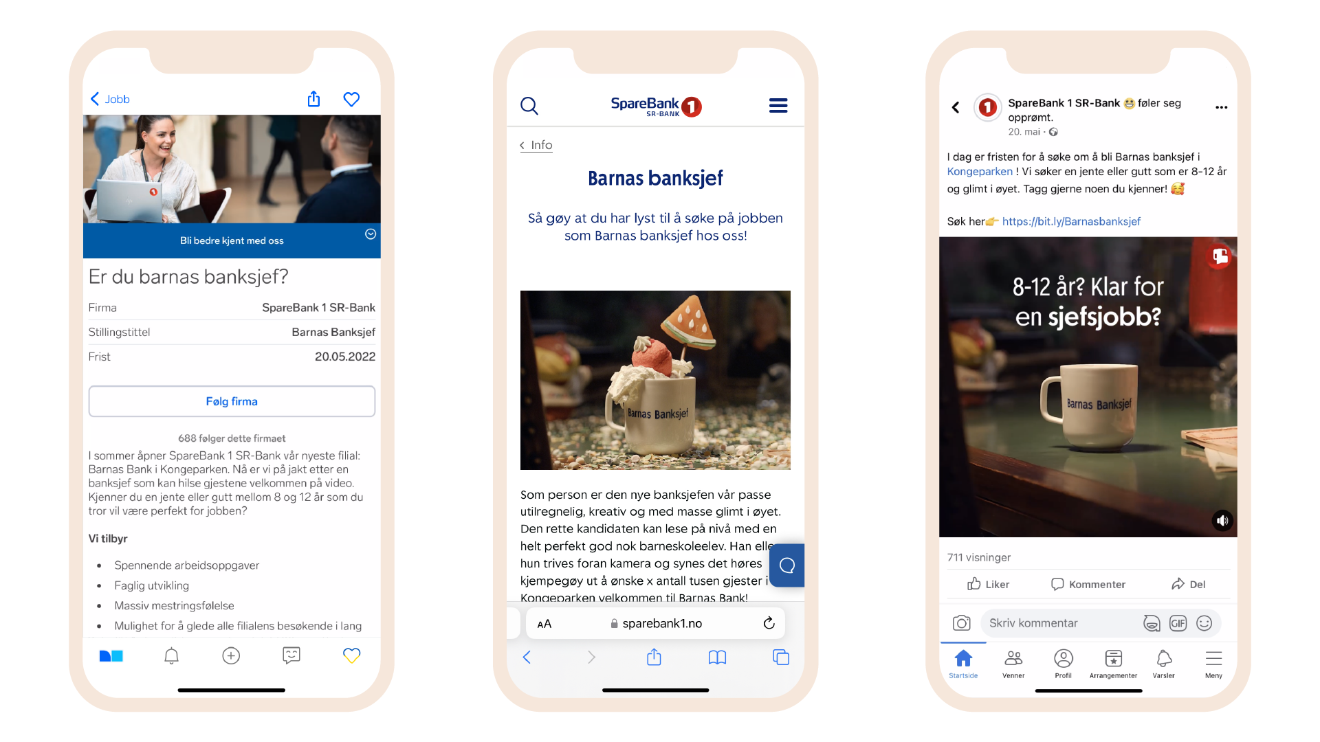 Mockups av stillingsannonser og poster i sosiale medier i forbindelse med utlysning av stillingen som Barnas banksjef