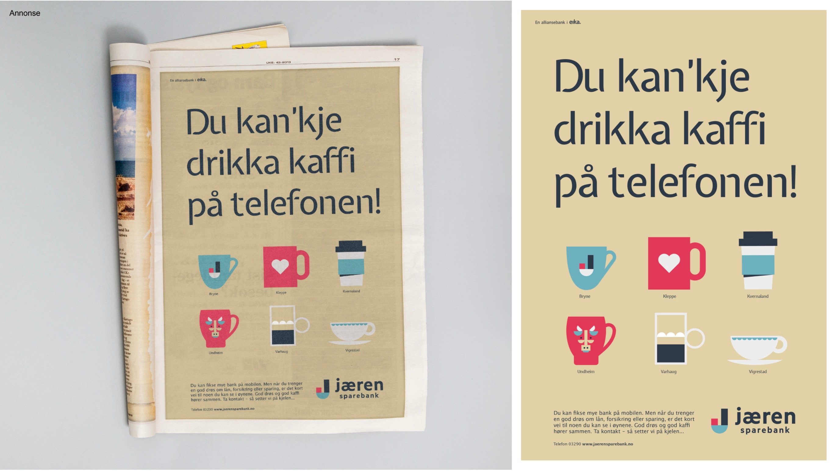 Helsideannonse fra kampanje om lokal tilstedeværelse for Jæren Sparebank, der ulike illustrerte kaffekopper representerer bankens 6 lokale avdelingskontorer på Jæren