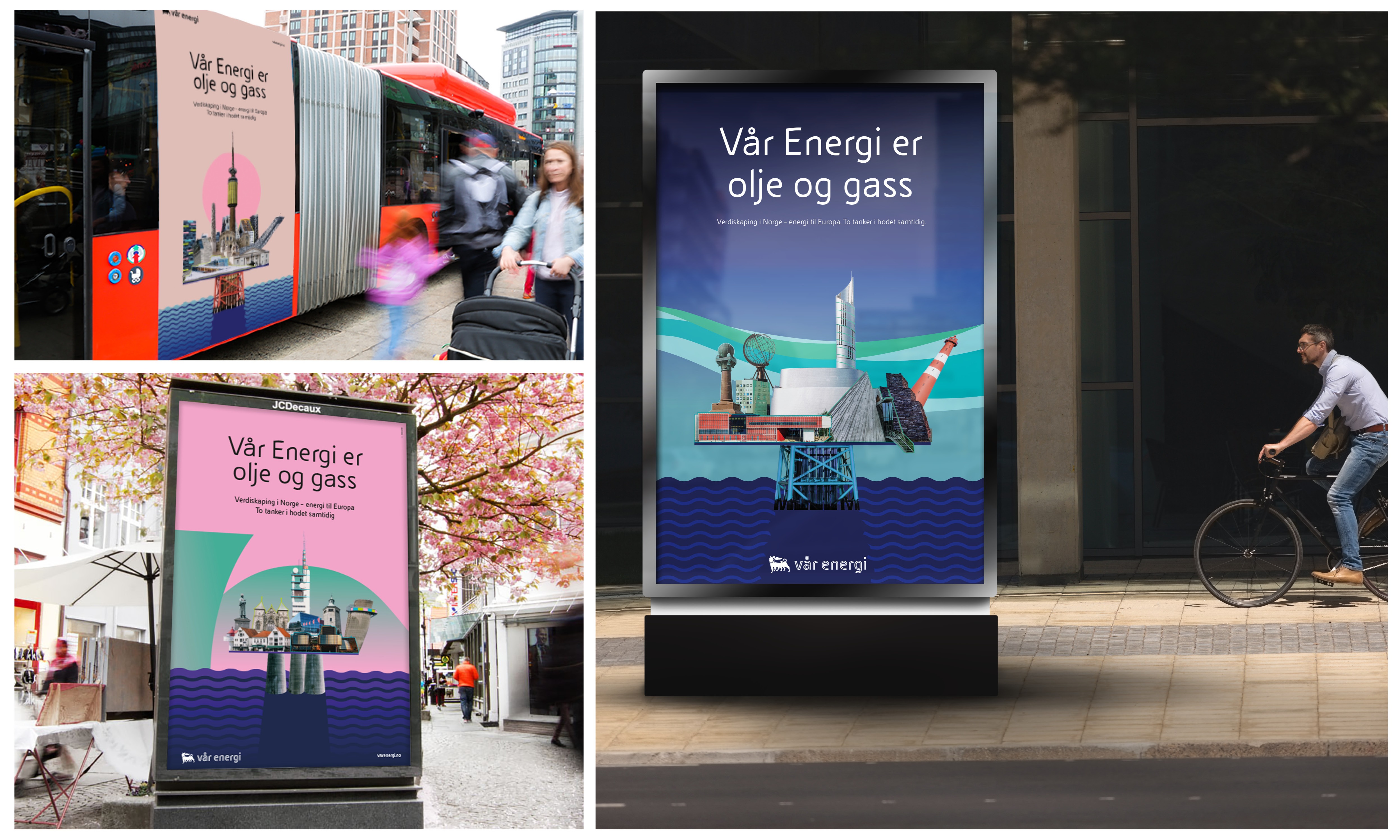 Plakater i miljø som viser norske signalbygg og landemerker satt sammen som en oljeplattform for å tydeliggjøre at Vår Energi er et olje- og gasselskap