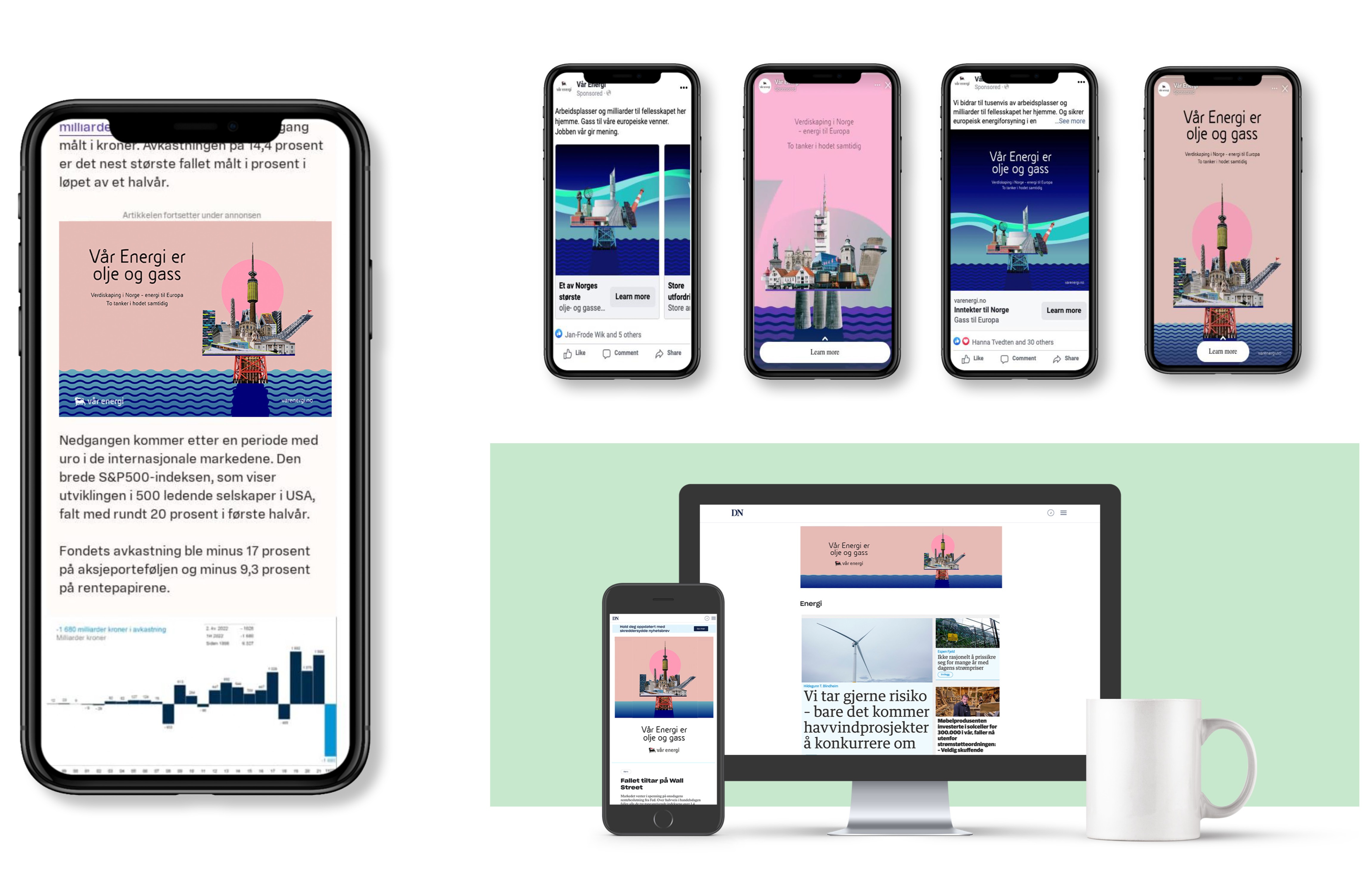 Mockup av mobiler og datamaskiner som viser annonser for Vår Energi merkevarekjennskap