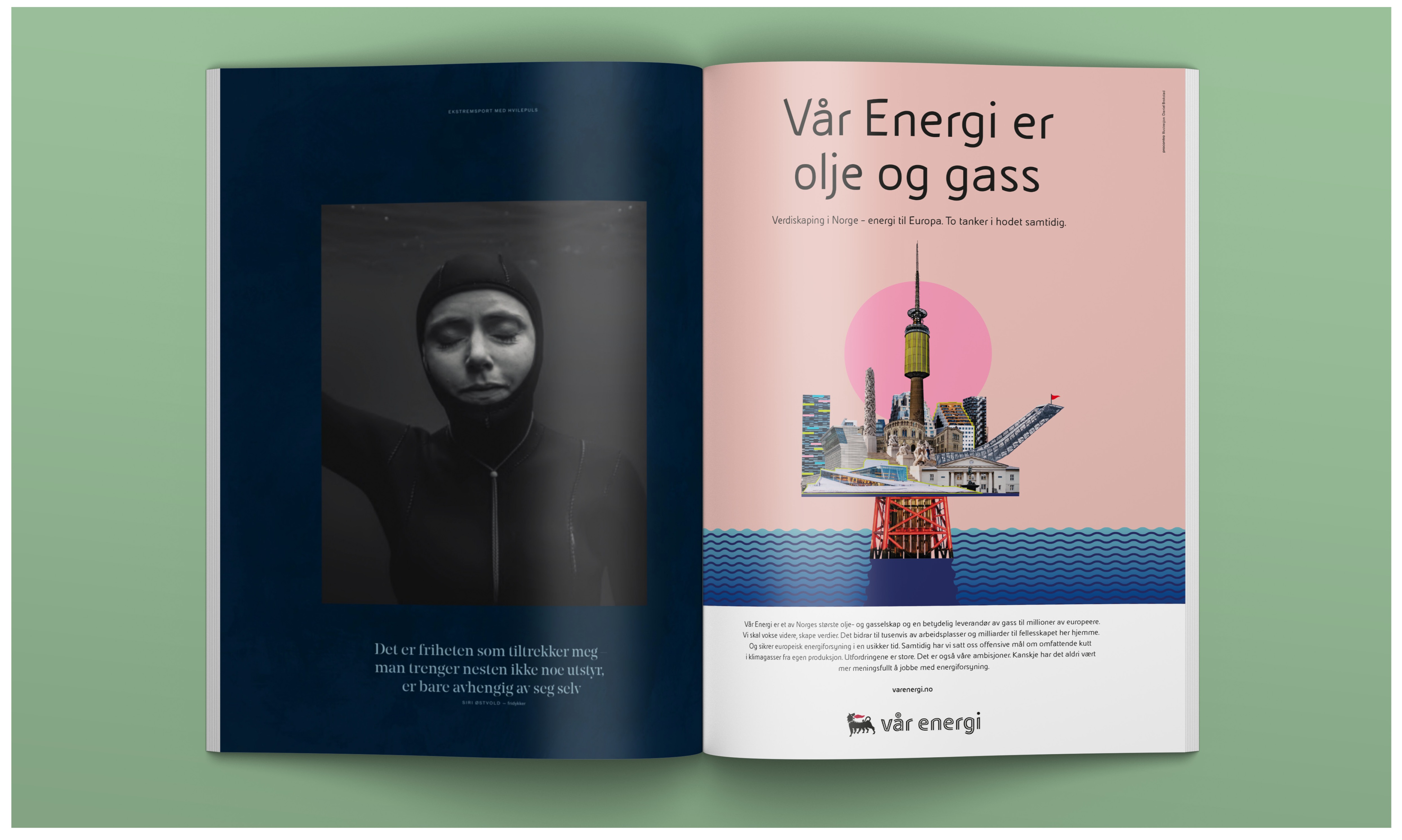 Annonse som viser norske signalbygg og landemerker satt sammen som en oljeplattform for å tydeliggjøre at Vår Energi er et olje- og gasselskap