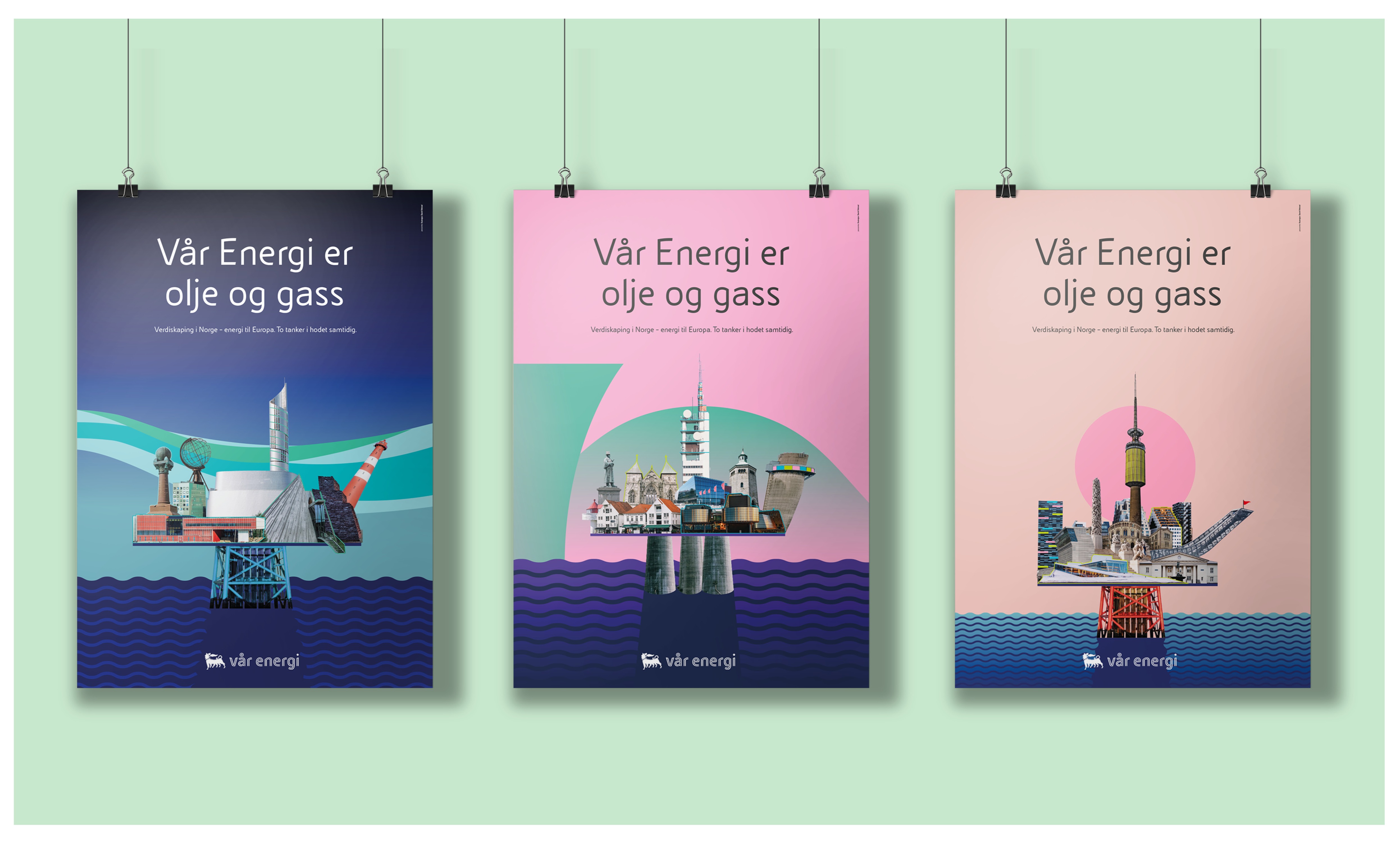 Plakater som viser norske signalbygg og landemerker satt sammen som en oljeplattform for å tydeliggjøre at Vår Energi er et olje- og gasselskap