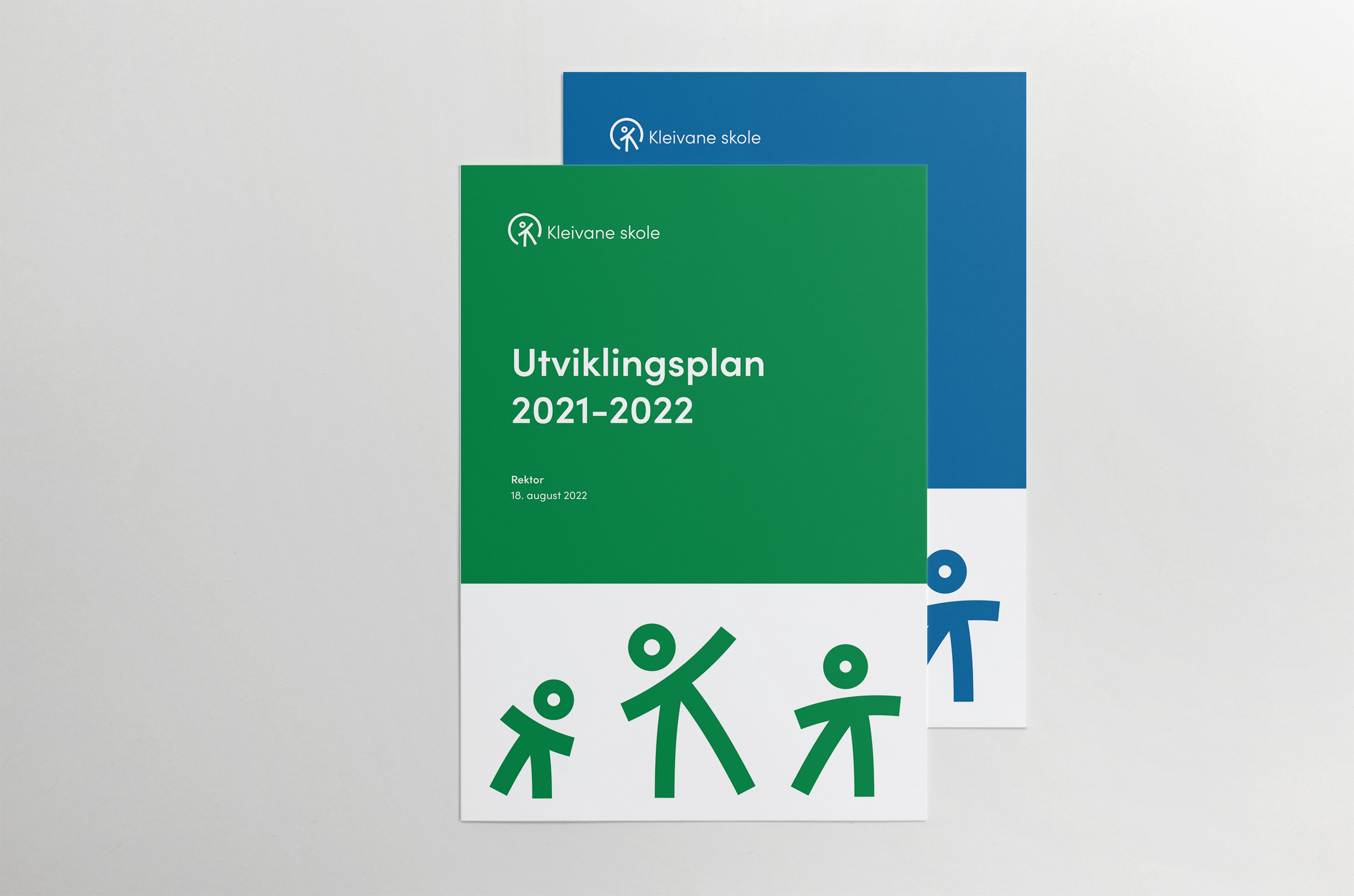 Illustrasjon som viser grafisk profil for Kleivane skole, med logo, farger og profilelementer