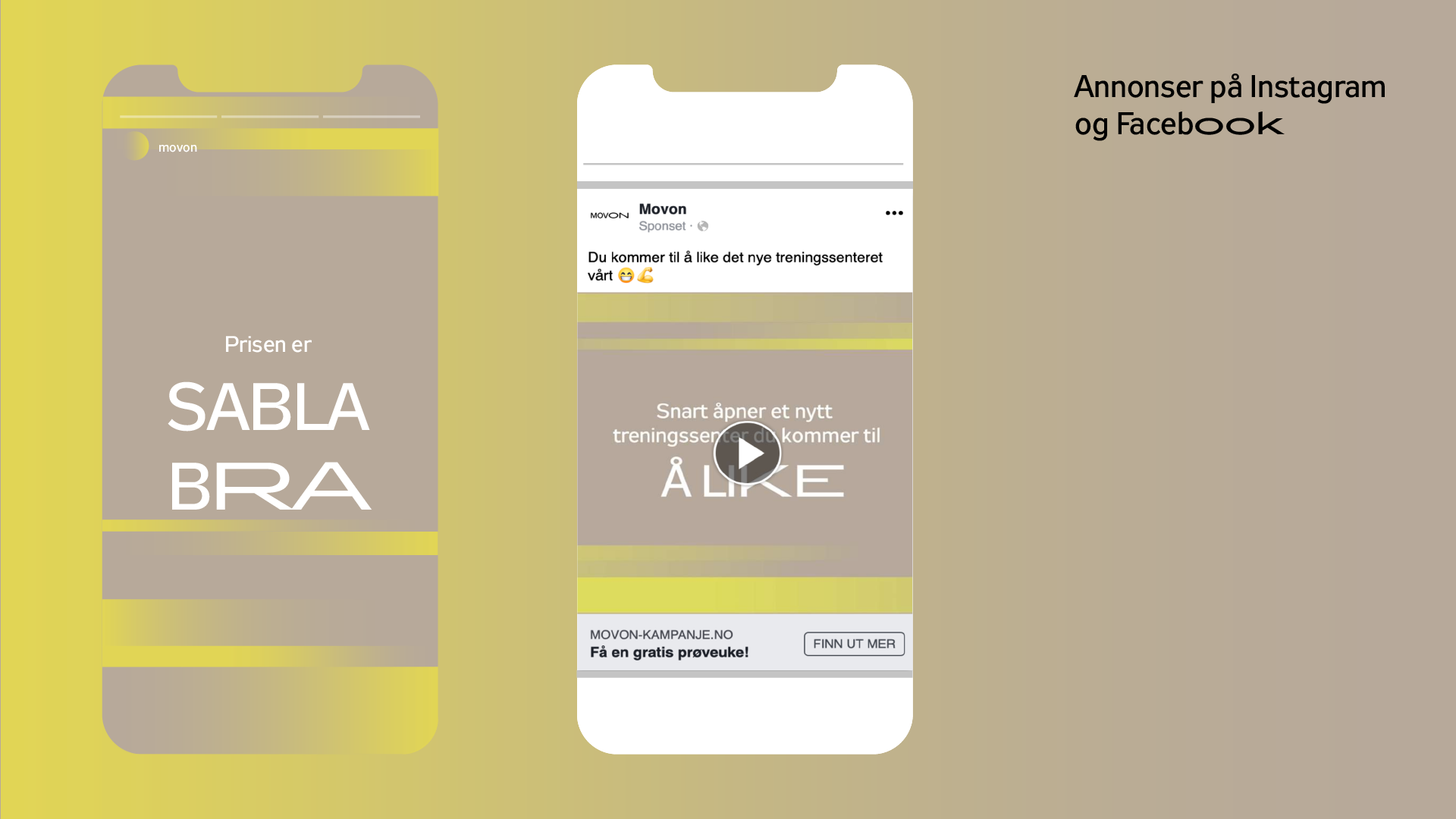 Mockups som viser annonser for Instagram og Facebook for MOVON-kampanje i forbindelse med åpning av treningssenter i Sandnes