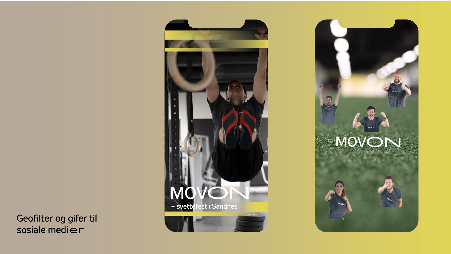 Mockups som viser geofilter og gifs til sosiale medier for MOVON-kampanje i forbindelse med åpning av treningssenter i Sandnes