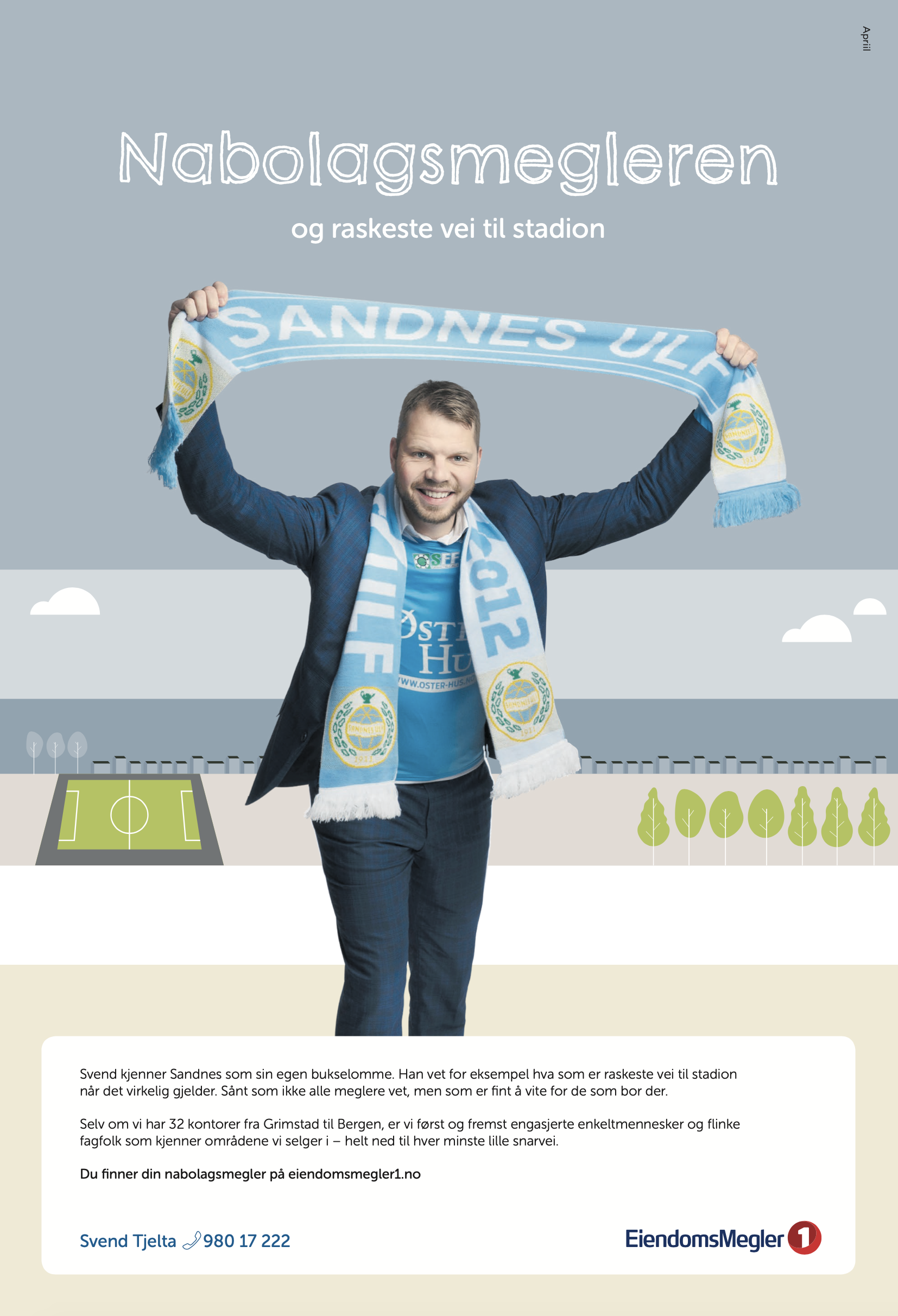 Nabolagsmegleren Svend holder et Sandnes Ulf skjerf og forklarer raskeste vei til stadion