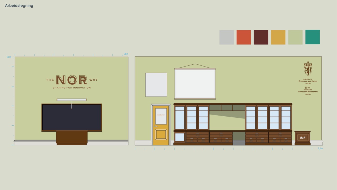 2D-skisse av tavleområde og en vegg med skuffeseksjon til Oljedirektoratets stand på ONS 2022