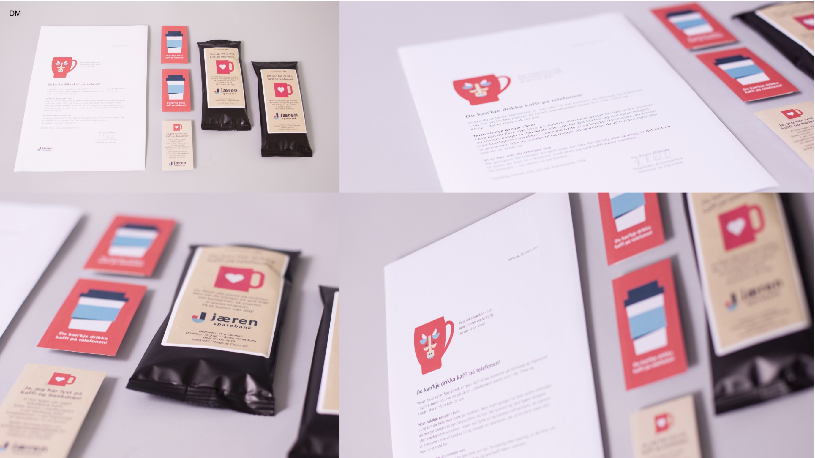 Elementer fra kampanje om lokal tilstedeværelse for Jæren Sparebank, der ulike illustrerte kaffekopper representerer bankens avdelingskontorer på Jæren, hvor kundene er velkomne for en drøs