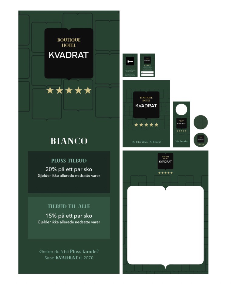 Diverse materiell til kampanjen Boutique Hotel Kvadrat, der Kvadrat kjøpesenter ble gjort om til hotell for en helg for å ha 100 % fokus på kundeopplevelsen