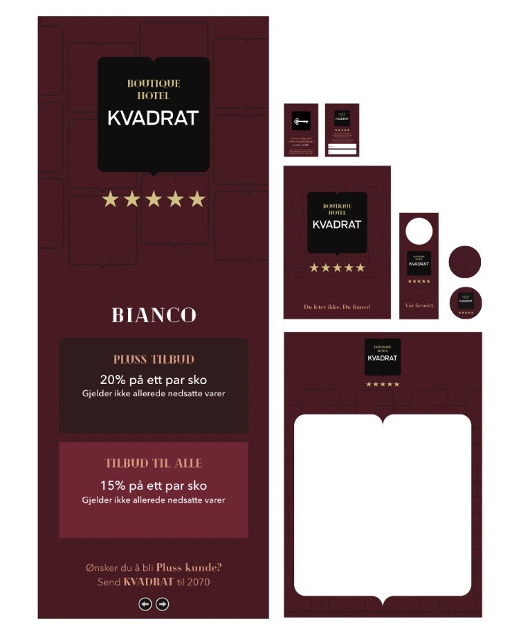 Diverse materiell til kampanjen Boutique Hotel Kvadrat, der Kvadrat kjøpesenter ble gjort om til hotell for en helg for å ha 100 % fokus på kundeopplevelsen