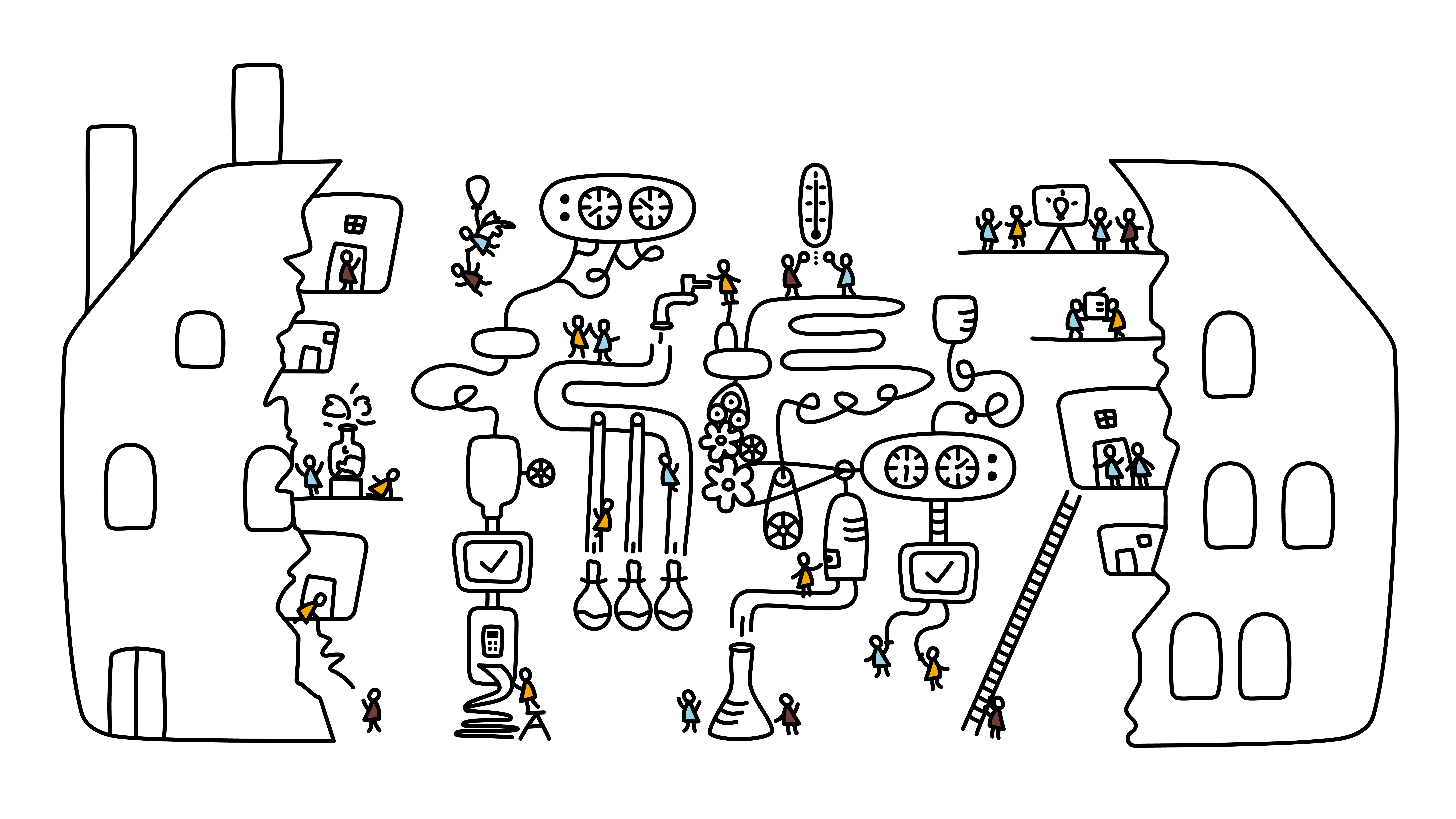 Illustrasjon av Innovasjonsverkstedet Fabrikken, selve bygget, fremstilt som et puslespill som inviterer til å kreere selv.