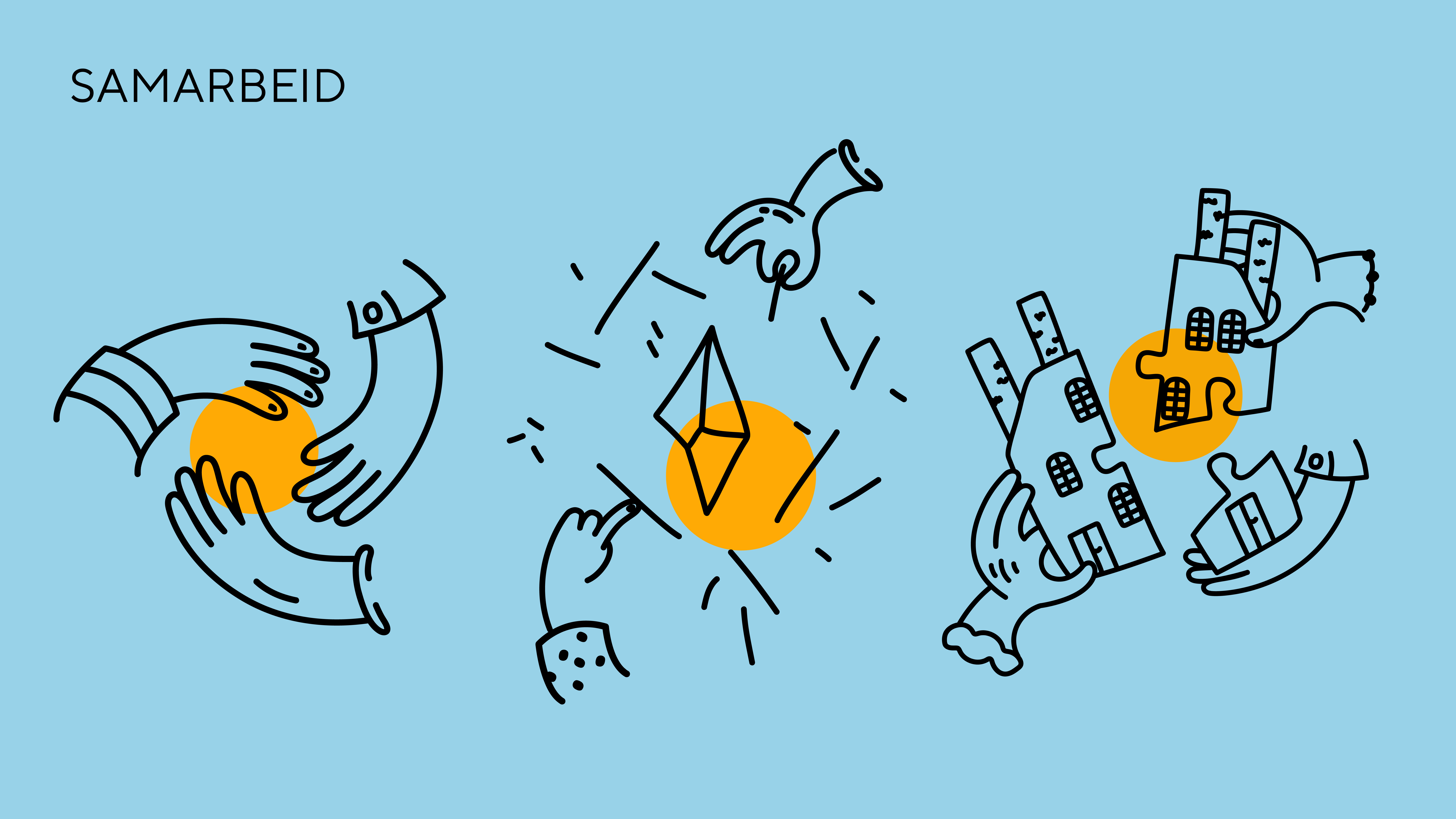 Illustrasjon om samarbeid, som viser hender som drodler seg gjennom retninger og muligheter