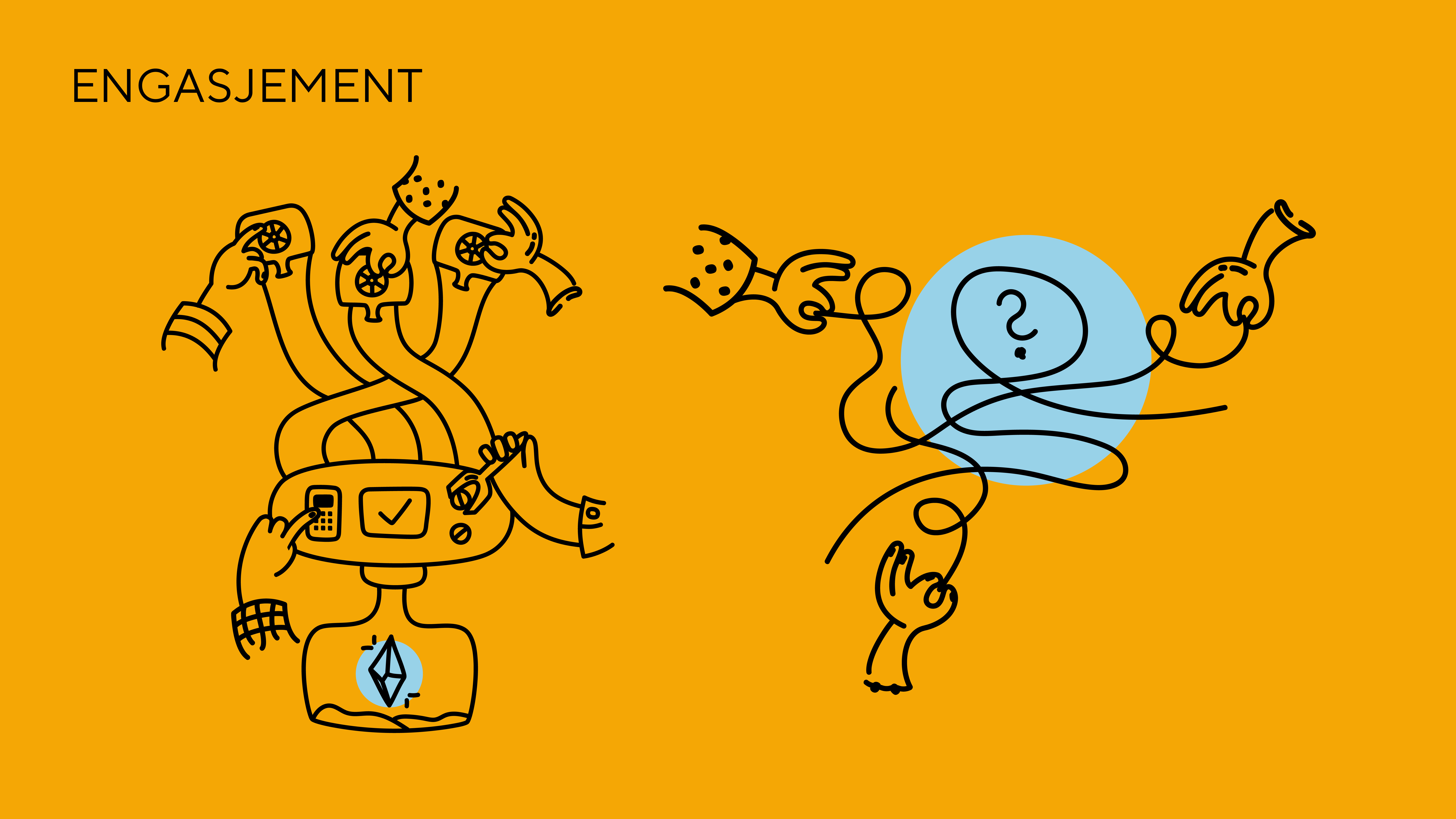 Illustrasjon om engasjement, som viser hender som drodler seg gjennom retninger og muligheter