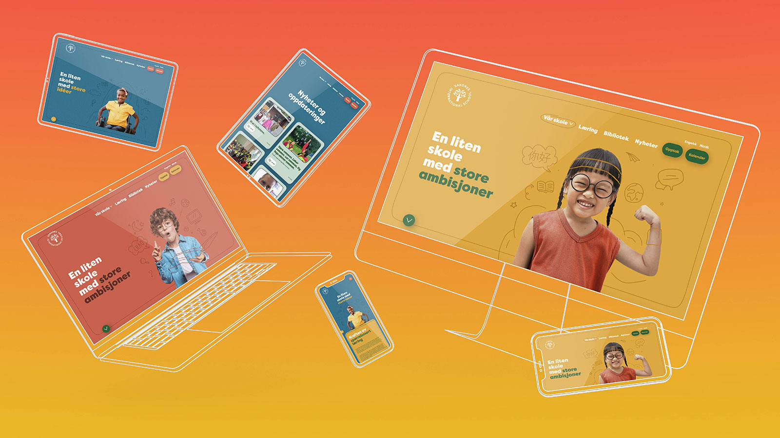 Illustrasjon som viser datamaskiner, nettbrett og mobiler med skjermbilder fra nettsiden til Sandnes International School